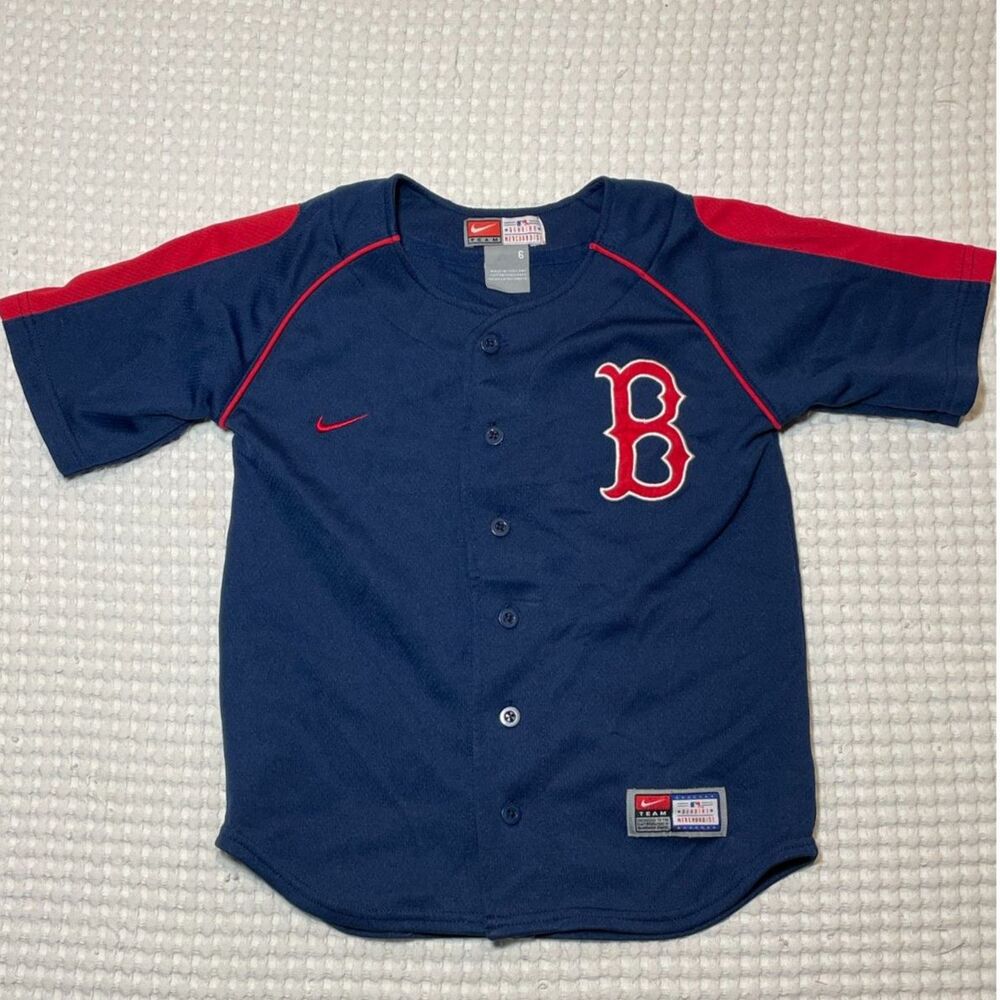 Vintage Nike Team Boston Red Sox Kids Jersey Size 6 Navy Button Up MLB 2000s